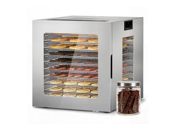 Furnicopia Dörrautomat Edelstahl Lebensmitteltrockner – 10 Tabletts, 48h, 850W 850 W, 10 Etagen, 360°-Umluft, 24-h-Warmhalten, für Obst, Jerky u. a., inkl. Rezeptbuch