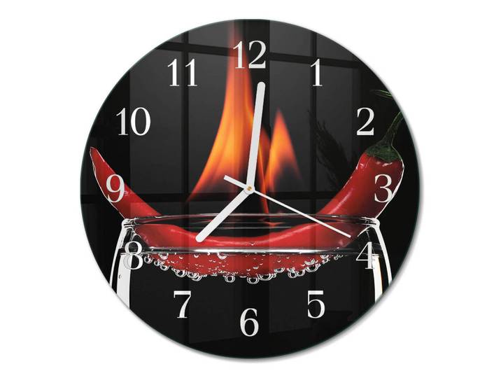 Tulup Wanduhr aus Glas Ø30 cm - Chili-Feuer, Rot, Rund, 30x30x0.4 cm, Dekoration, Uhren, Wanduhren