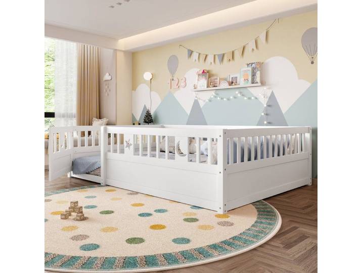 Lit enfant 140x190 avec barrière de sécurité blanc en pin massif décoration étoile et lune