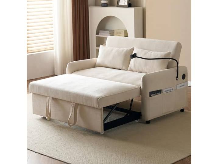 Laxnb 2 Sitzer Sofa mit Schlaffunktion, Klappbares Schlafsofa Doppelsofa Kleine Couch Sofa, Multifunktionssofa Polstersofa mit verstellbare Rückenlehne & Handyhalter & USB-Buchse, Chenille-Stoff Beige