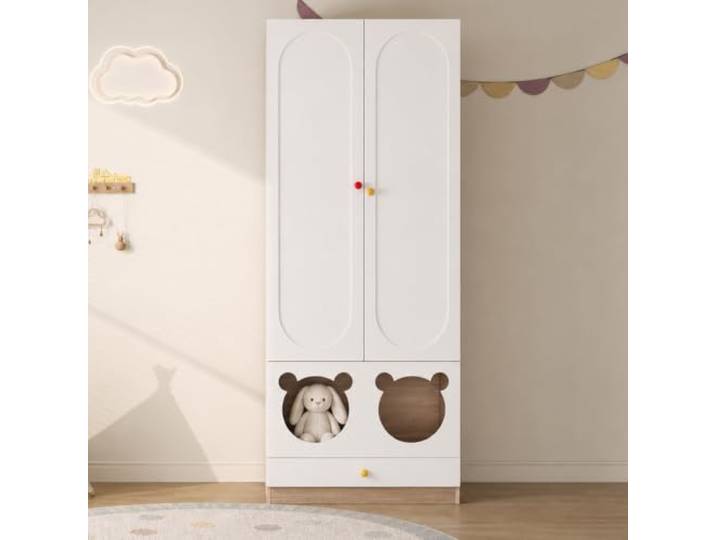 Fiednoy Kinderkleiderschrank mit Kleiderstange Schubladen,80x50x200 cm 2-türiger Schlafzimmerschrank mit bogenförmigen Türen bunten Griffen, umweltfreundliche Lackoberfläche, sicher für Kinder