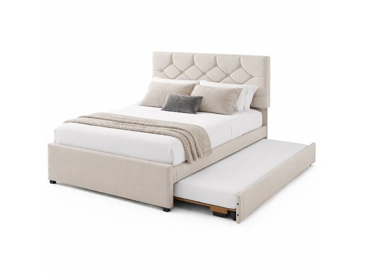 Lit Capitonné 140x200 Cm Avec Lit Gigogne Réversible\, Sommier À Lattes\, Velours Beige\, Sans Matelas\, Design Minimaliste Pour Chambre Adulte – Chicfurn