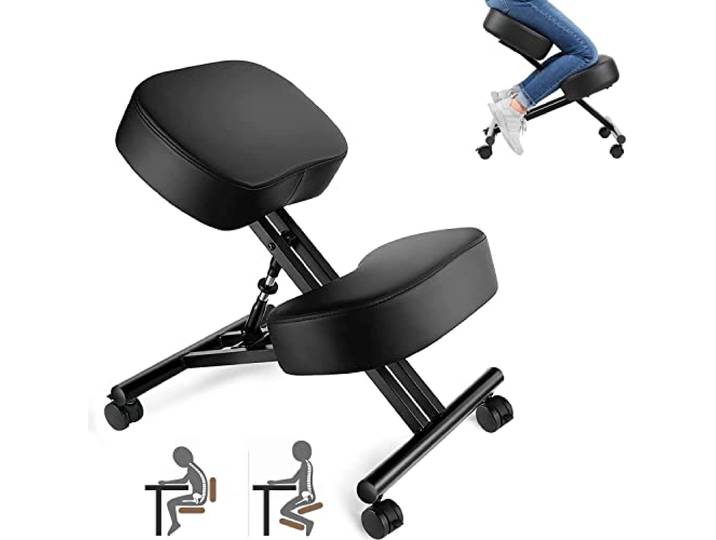 Kniestuhl Ergonomischer, Verstellbarer Kniehocker Stuhl für Büro, Metallgestell + Leder Bürostuhl Sitzhocker mit Knieablage, Rollen, 3 Kissen, Hocker zu Verbessert Haltung & Rückenschmerzen