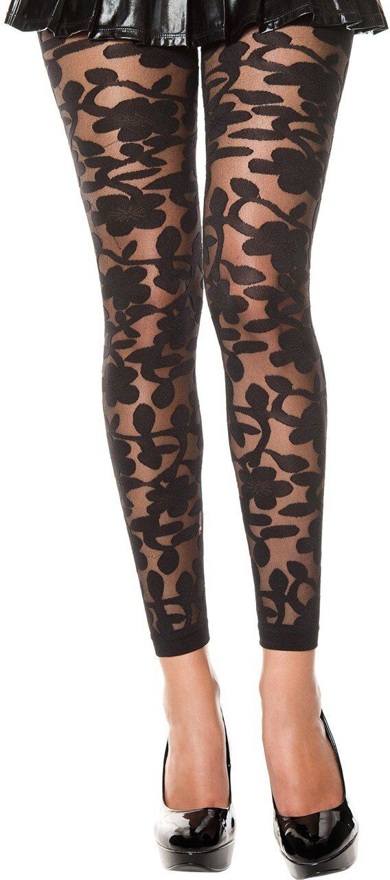 Music Legs Legging noir fin transparent motif fleuri