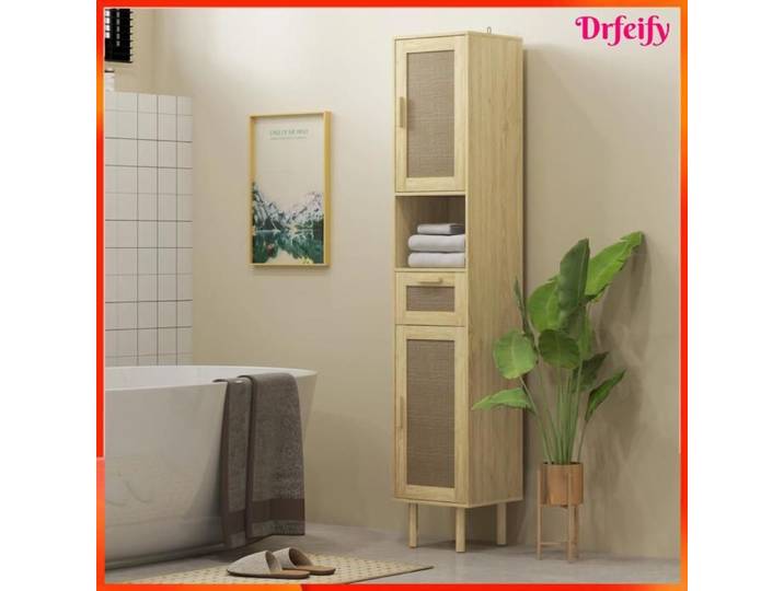 Meuble de salle de bain colonne - AKOZON - 10256 - Portes en rotin - Tiroir & étagères réglables - 32x30x170 cm