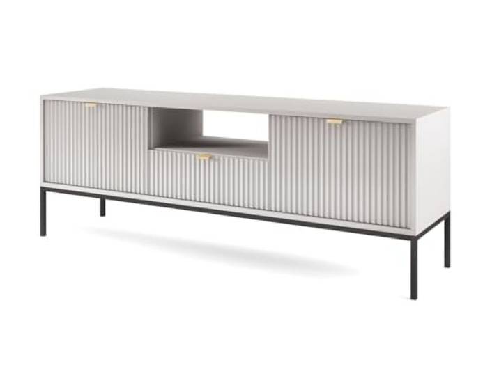 Emporius TV-Schrank 150 cm Galla - Zweitürige TV-Tisch, TV-Lowboard mit Schubladen - Gold Griffen, geriffelten Fronten - Grau