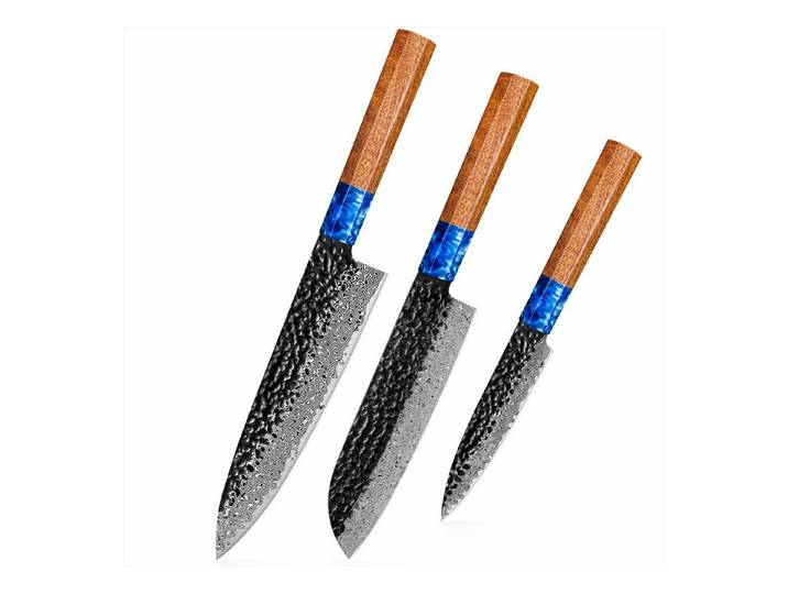 KingLux Damastmesser 3-teilig Damast Küchenmesser Set aus 67 Lagen VG10-Stahlkern Holzgriff