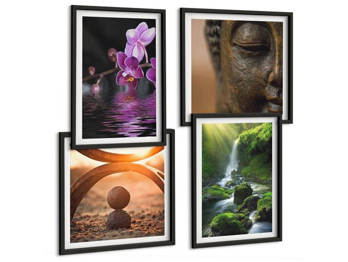 Tulup Bilder SET 4er Set - 50x50 cm & 40x60 cm Schwarzer Rahmen - Blumen im Wasser des Buddha-Wasserfalls, Kunststoff, Rechteckig, 50x50 cm, gerahmt, Bilder & Rahmen, Bilder