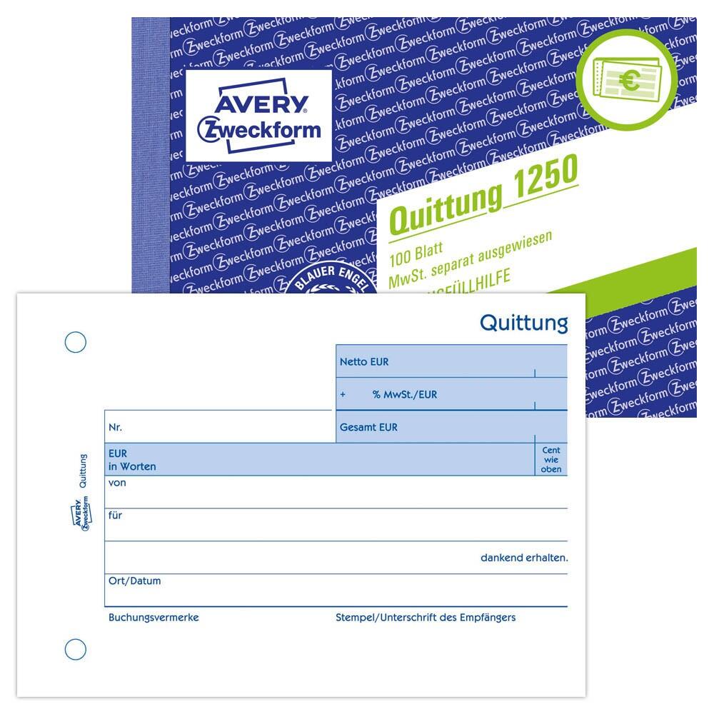 AVERY Zweckform Quittung, MwSt. separat ausgewiesen Formularbuch 1250 - 100 Blatt
