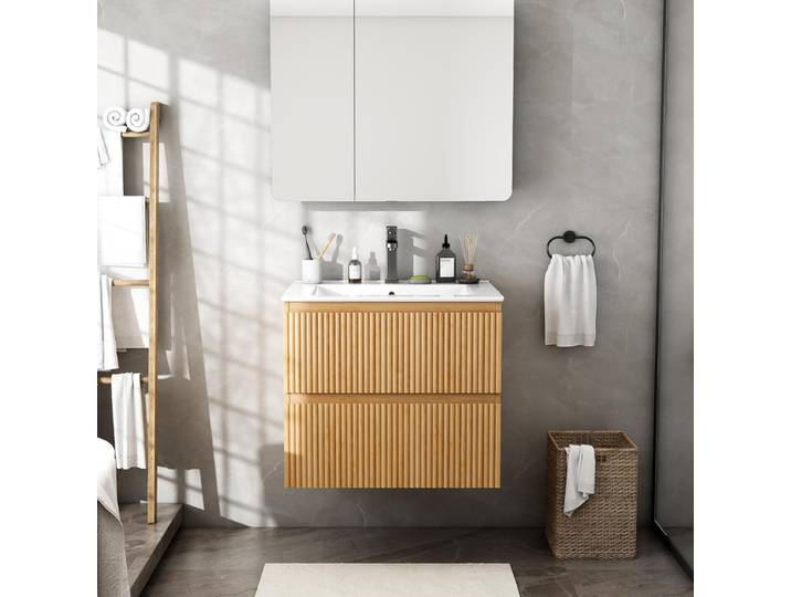 Wumagin - Meuble Simple Vasque - 52x46x60cm - Décor Chêne Avec Vasque - Doté De Deux Tiroirs - Design Moderne Européen - Pour Aux Salles De Bains\, Toilettes Et Salles De Douche - Brun
