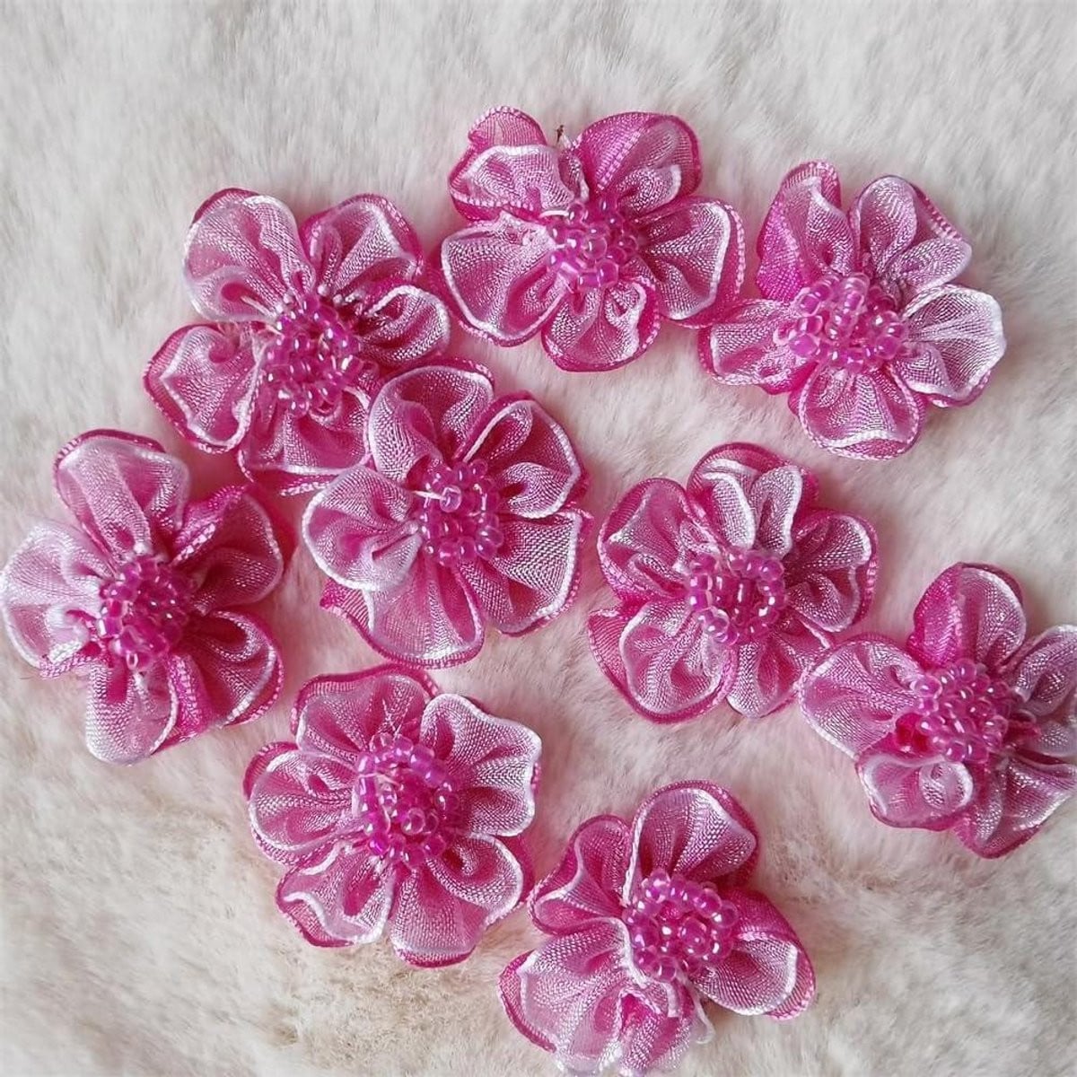 Organza Lint Bloemen met Kralen - Rozerood - 3 cm