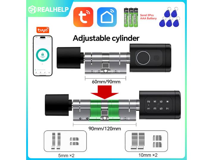 Cylindre de serrure intelligent à empreinte digitale avec Bluetooth et application Tuya Smart Life, réglable à distance