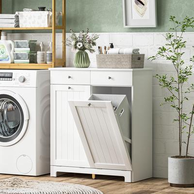 HOMCOM Laundry Hamper Cabinet with 2 Removable Baskets, Tilt Out Laundry Hamper Cabinet with 2 Drawers and 2 Beadboard Doors