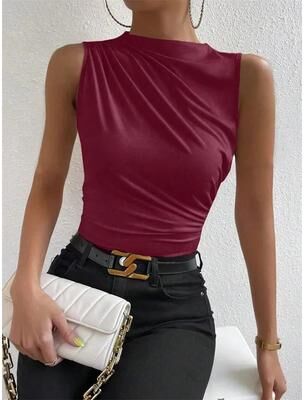 Inspire Select Fashion Mock Neck Ruched Tank Top Y2K Pleated Sleeveless Summer Tee For Women claret 4