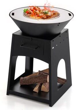 Costway Patio Fire Pit with Firewood Log Rack with Grill and Ash Box-Black