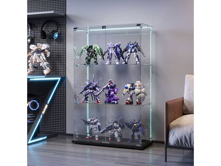 Vitrine en Verre - TANANT - Vitrine Armoire 2 portes - 3 étagères - Éclairage LED - Noir