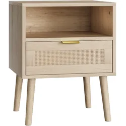MODFU Nachttisch MDF/Spanplatte Eichefarben mit Rattanfront, 45x40x55 cm, 1 Schublade und offenes Fach