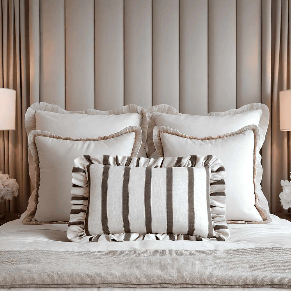 Sheline Chocolate Striped Bolster Cushion with Frilled Edge