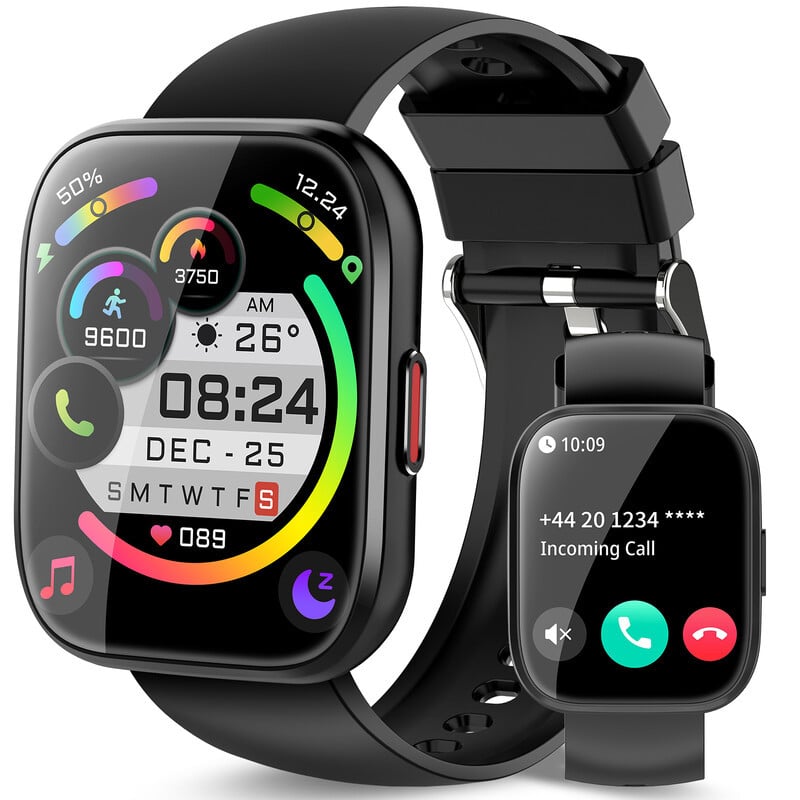 Jugeman P114 Zwart Smartwatch voor Dames en Heren met 1,85 inch HD-scherm, bellen beantwoorden en plaatsen, fitnesswatch met stappenteller, hartslagmeter en slaapmonitor