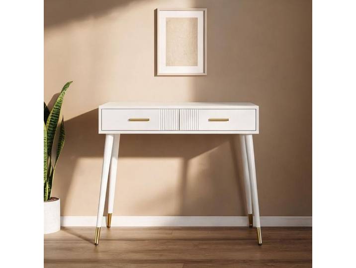 Bureau coiffeuse blanc 100x40x76 cm 2 tiroirs MDF et métal doré contemporain