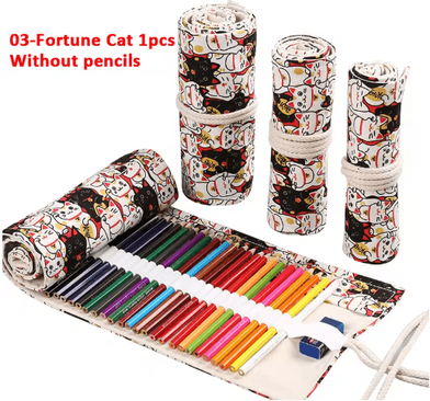 Inspire Picks Canvas Roll Up Pencil Case For Pens, Brushes & School Supplies 03 fortune Cat 1pc