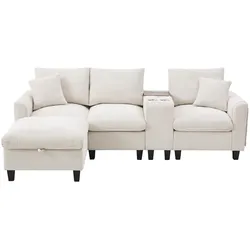 Sofa Ecksofa L-Form 229x149x83 mit USB-Anschlüssen, Becherhaltern, Stauraumhocker, Cord-Polsterung und hohem Komfort – Beige