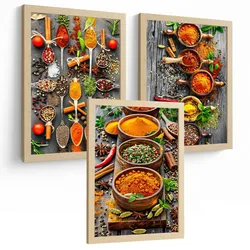 POSTER 3er Set Gewürze und Kräuter Wandbilder Aromatische Zutaten Food Fotografie Küche Esszimmer Deko Leichter Holzrahmen A3