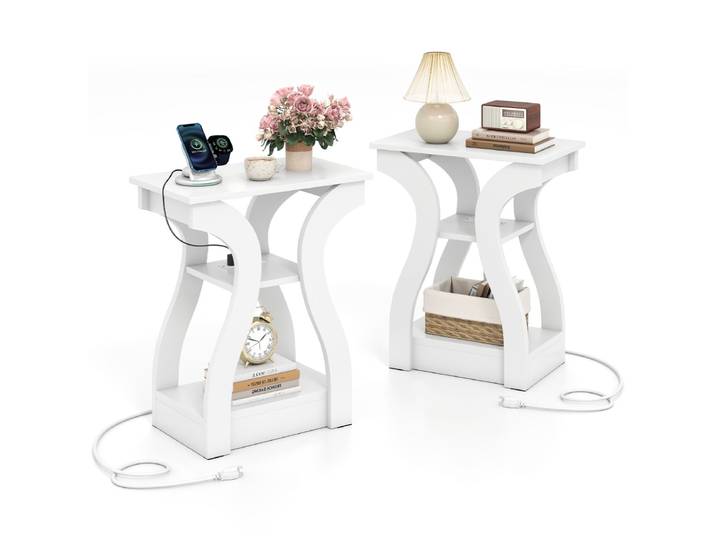 2-Delige set Bijzettafel met Oplaadstation 3-Laags Salontafel Nachtkastje met USB-aansluitingen Wit