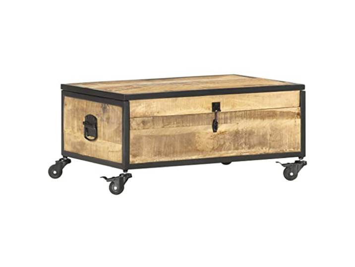 Tmriohed Couchtisch mit Rollen 70x50x33 cm Massivholz Mango Truhentisch Aufklappbarer Sofatisch aus Mangoholz mit Stauraum und 4 Lenkrollen für Ihr Wohnzimmer, stabil und flexibel nutzbar.