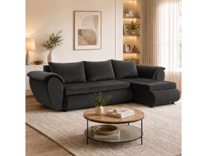 FORNIRO 24 Sierano Ecksofa 265x143x83cm Graphit Wohnzimmer Couch Schlafsofa Mit Schlaffunktion & Bettkasten - L-Form - Kissen - Stoff Komfort ausziehbar Gäste bequem Stauraum Design hochwertig robust