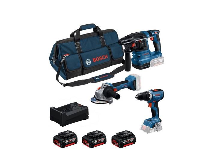 Bosch – Pack De 3 Outils Électroportatifs 18v – Perceuse-visseuse\, Marteau Perforateur\, Meuleuse – 3 Batteries 5.0ah – Chargeur Multi-voltage – Sacoche De Transport