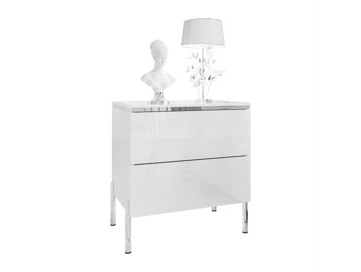 Lookway Nachttisch Aurora II Silver Hochglanz Weiß mit LED-Beleuchtung – mit geraden verchromten Beinen, Weiß Hochglanz, 50x54x37 cm, Schlafzimmer, Nachtkästchen