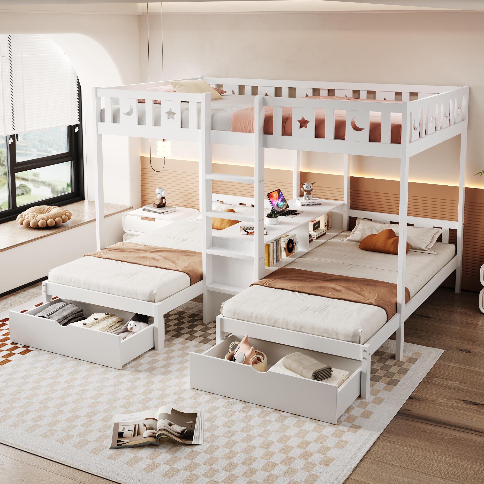Merax Etagenbett Dreifach-Hochbett 140x220 & 90x200 cm, Kinderbett mit Leiter und 2 Schubladen, Sicherheitsgeländer mit Stern- & Mond-Design, Weiß