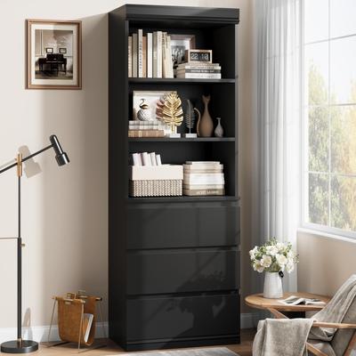 "Garvee 70"" Tall Bookcase with 3 Drawers, Modern Wooden Bookshelf with 3 Open Shelves, Storage Cabinet for Home Office"