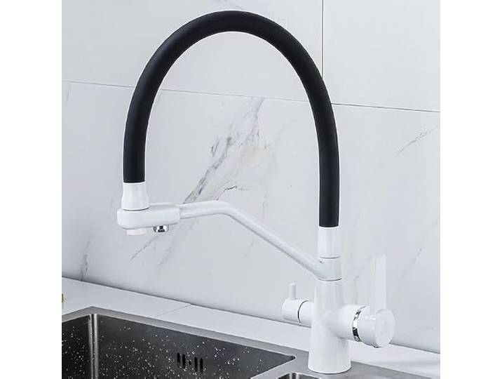 Grauer 3-Flammiger Küchenarmatur-Filtermischer Aus Messing Mit Zwei Hebeln Und Schwenkfunktion Für 1-Zoll-Installation, Ideal Für Die Küchenwasserfiltration, Weiß-A,White-A
