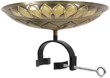 "Achla Designs 16.75""L Round Antique and Patina Finish Brass African Daisy Birdbath w/ Wrought Iron Over Rail Bracket"