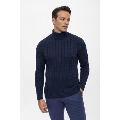 Rollkragenpullover FELIX HARDY "Rollkragenpullover mit Zopfmuster", Herren, Gr. L, navy, 100% Baumwolle, hoch geschlossener Ausschnitt, Pullover Rollkragenpullover