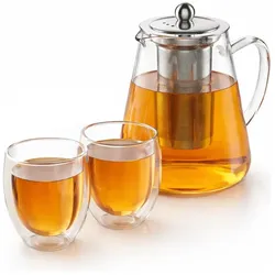 Arendo, Teekanne, Teekanne 1,2 l mit Edelstahl-Teesieb + 2 Thermogläser 350 ml ohne Henkel, Borosilikatglas (1.20 l)