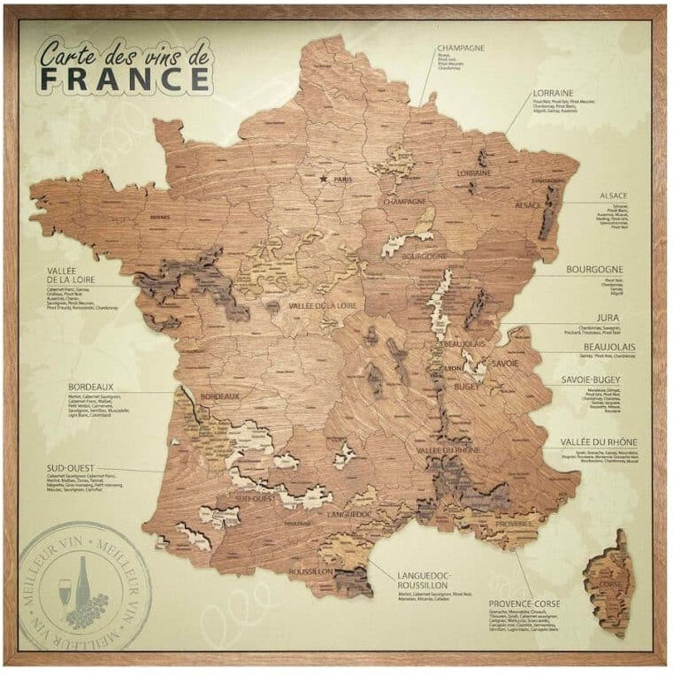 Tableau 3D Carte des vins de France assemblé sur panneau beige - Creatif Wood