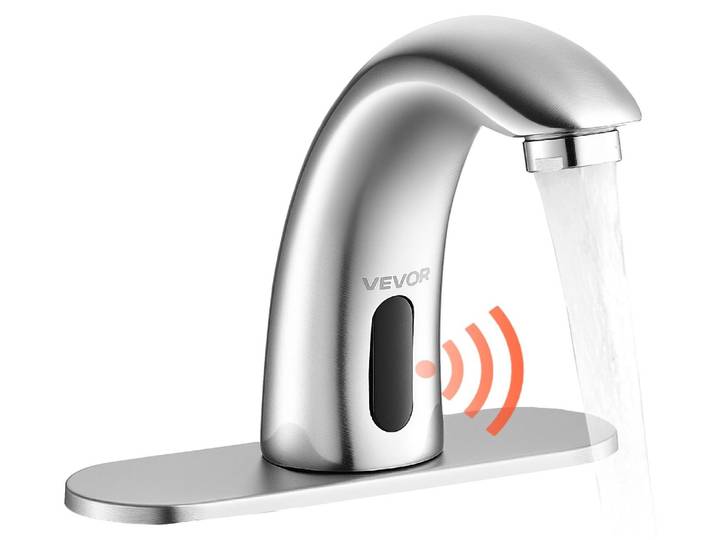 Robinet de lavabo sans contact VEVOR (nickel brossé)\, robinet de lavabo automatique\, robinet de toilette mains libres\, robinet alimenté par batterie avec réglage de la température (froid/chaud)