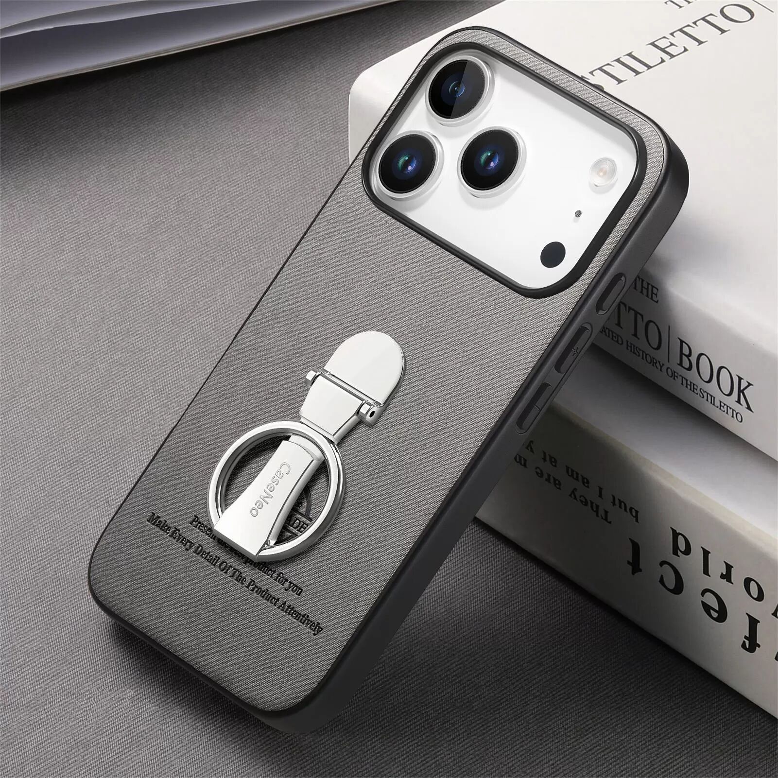 INF Graue PU-Leder Handyhülle kompatibel mit iPhone 17 mit 360° drehbarem Ringständer
