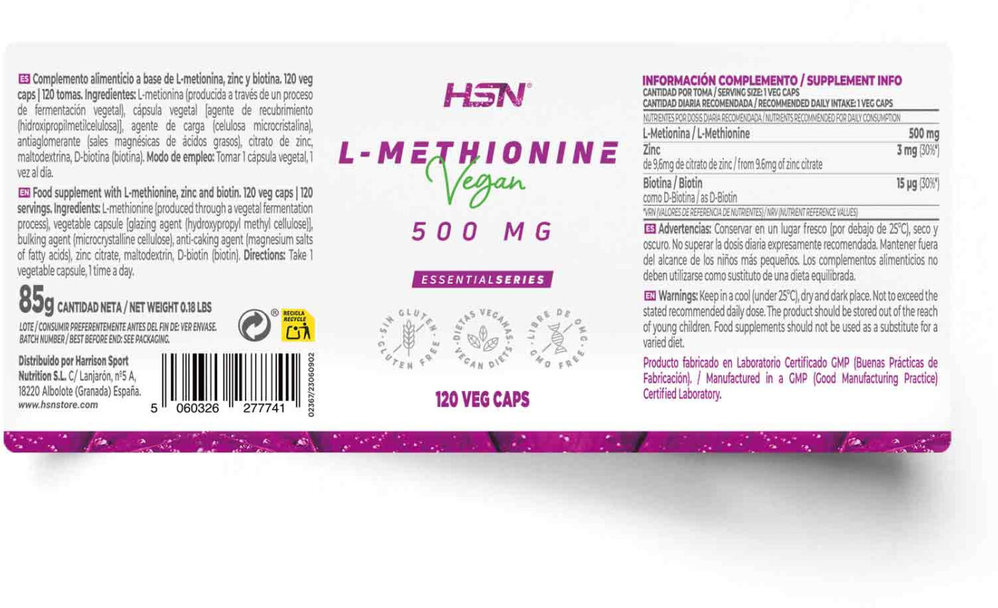 HSN L-metionina 500mg - 120 veg caps - Saúde hepática - Cápsulas Vegetales - 120 Serviços