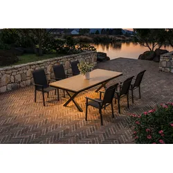 KETTLER BasicPlus Pro Garten-Essgruppe mit LED-Beleuchtung, anthrazit/natur, Alu/Holzimitat, 240 x 100 cm, 6 Stapelstühle