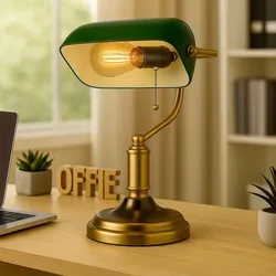 Schreibtischleuchte Bankerlampe Tischlampe altmessing Glas grün Leseleuchte, Schirm schwenkbar, Zugschalter, 1x E27 Fassung, LxH 26,5x36 cm