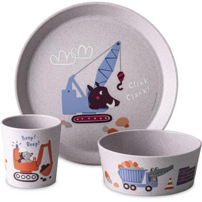 Kindergeschirr-Set KOZIOL "Kleiner Teller + Schale + Becher CONNECT TRUCKS", grau (organic grau trucks), 3 Stk., Kunststoff, Geschirr-Sets, 100% melaminfrei & recycelbar, CO² neutral in Deutschland produziert