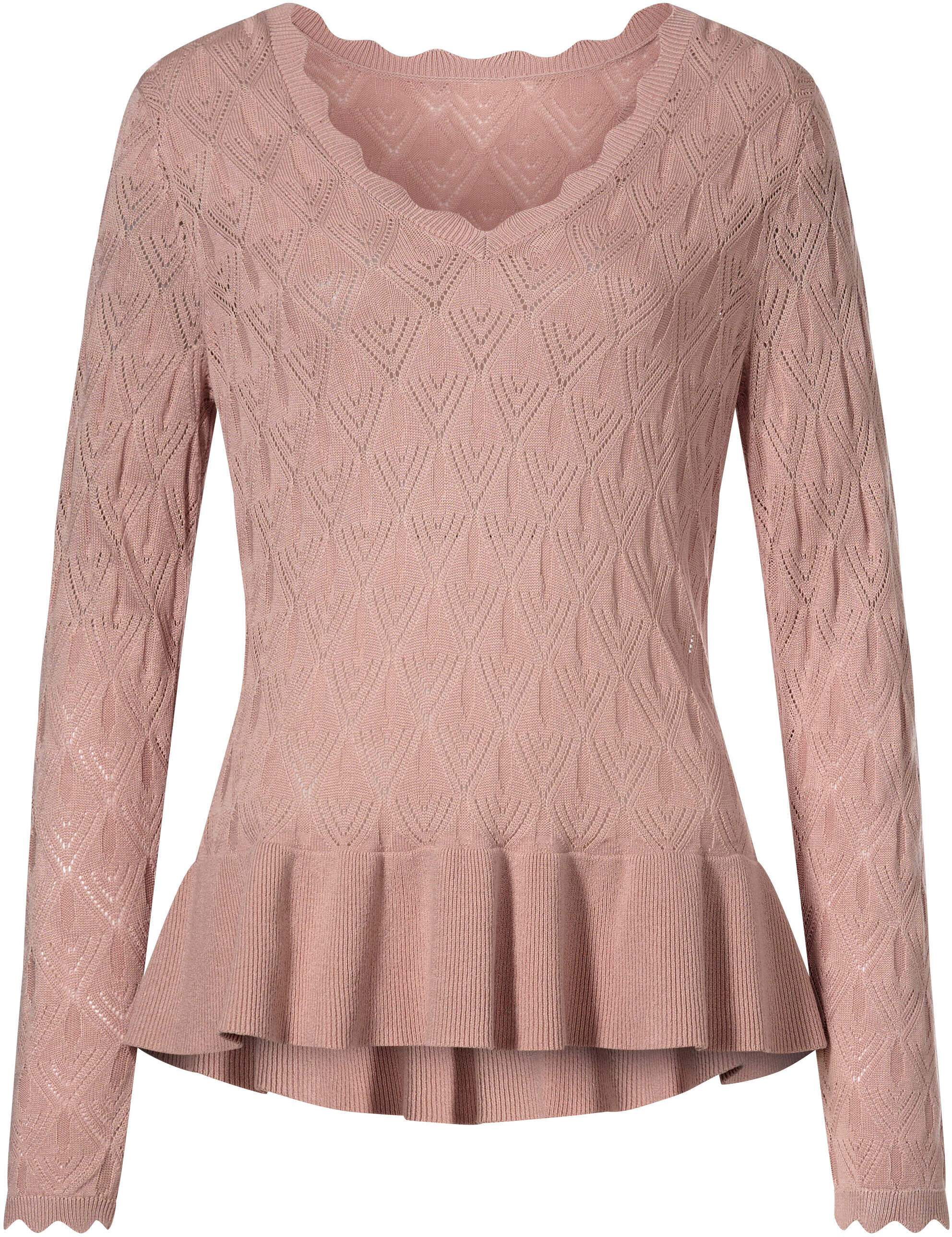 Longpullover WITT "Ajour-Pullover Ajourpullover mit Schößchen", Damen, Gr. 50, rosa (puder), Elegant, V-Ausschnitt, Pullover Longpullover