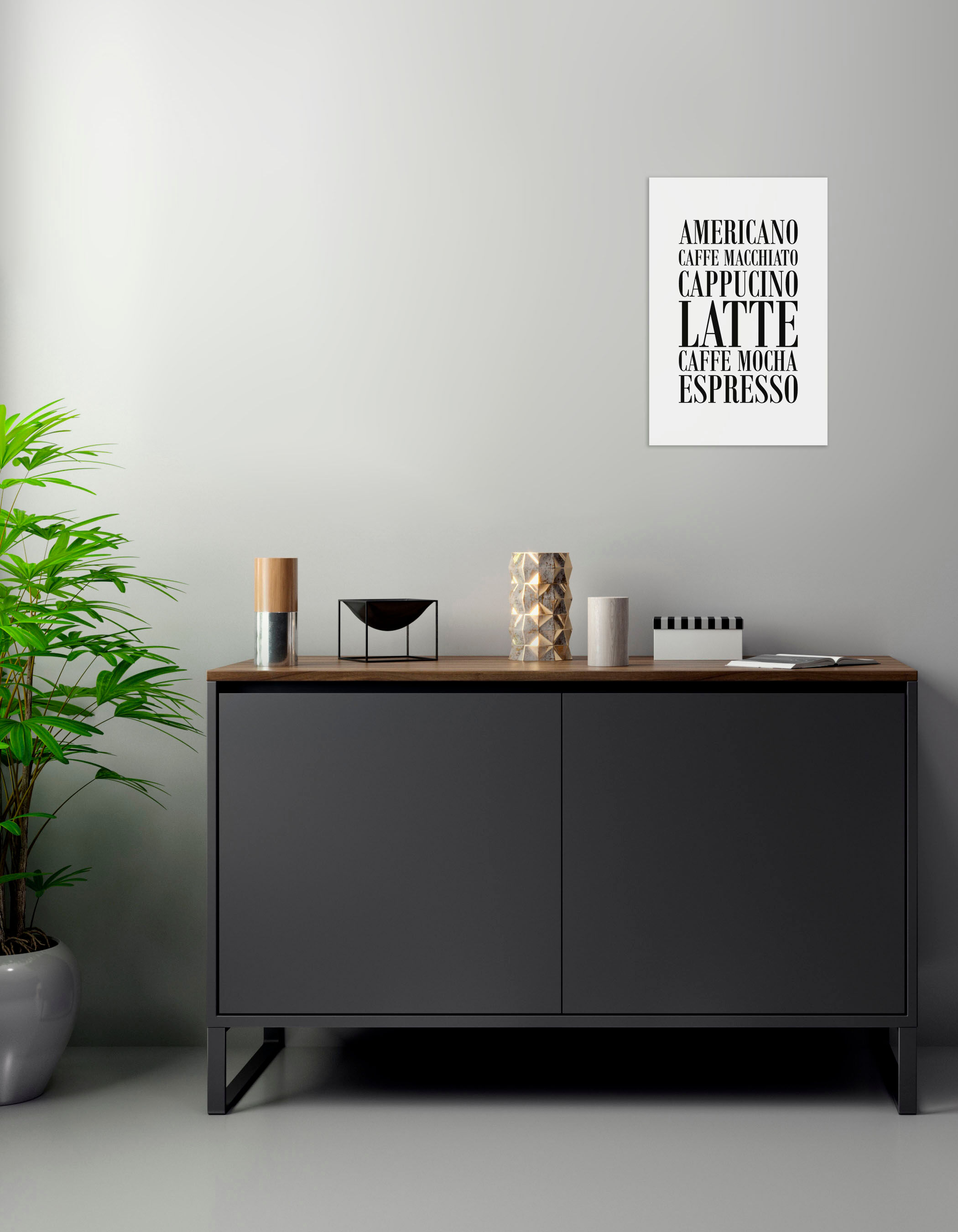 Wanddekoobjekt QUEENCE "Kaffee, Cappucino, Expresso ...", schwarz (schwarz, weiß), B:30cm H:45cm T:0,1cm, Stahl, Wanddekoobjekte, Wanddekoobjekt, Stahlschild, Blechschild, Spruch, Witzig, Wanddeko, retro, 20x30cm schwarz, weiß B/H/T: 30cm x 45cm x 0,1cm, 