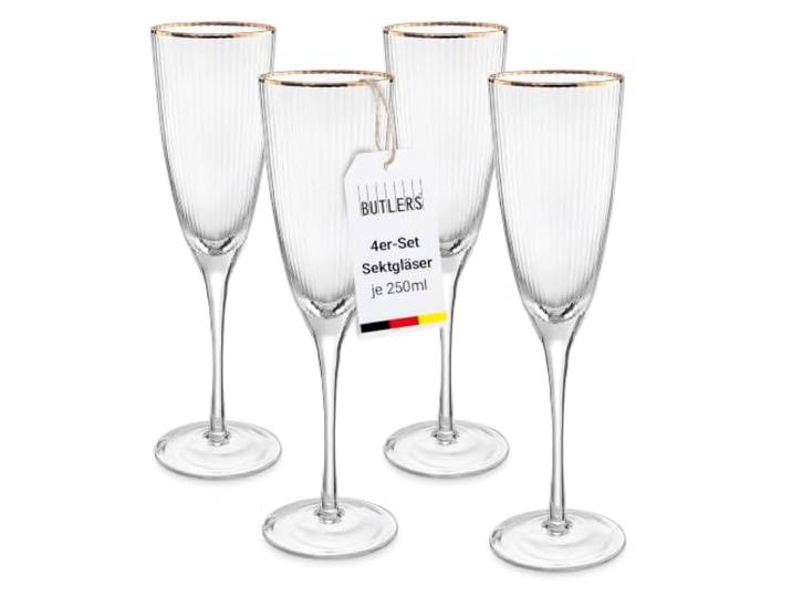 BUTLERS GOLDEN TWENTIES Champagnerflöte, 4er-Set, 250 ml, Goldrand