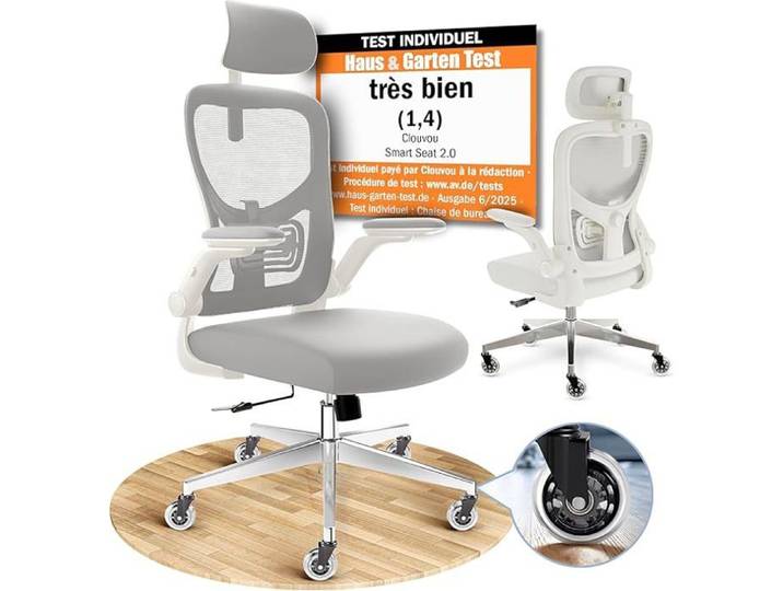 Chaise de bureau ergonomique moderne CLOUVOU - SmartSeat - Fauteuil de Bureau - Accoudoirs rabattables - Max 150 kg - Créme