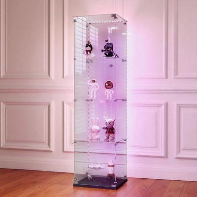 Fundinbaths Tempered Glass Display Cabinet with Bluetooth LED Lights, Lockable Doors, Storage Shelves and Casters